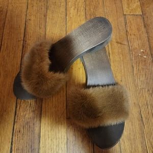 Barneys New York | Brown Furry | Wooden Clogs